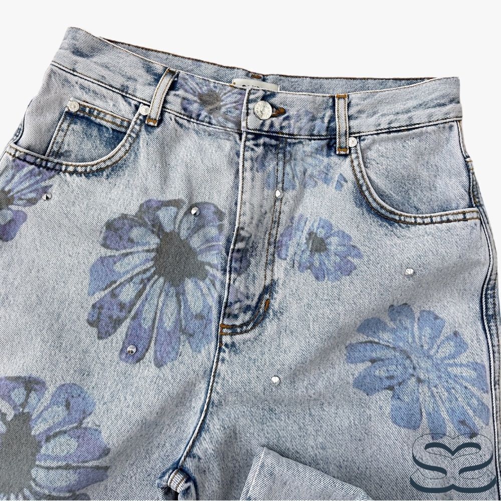 Sandro **NWT** Blossom Floral Print Rhinestone Straight Jeans in Blue Je… - Picture 14 of 15